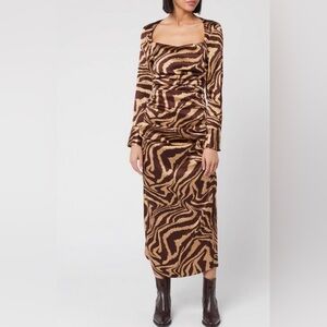 GANNI Ruched zebra-print stretch-silk satin midi Size XXS